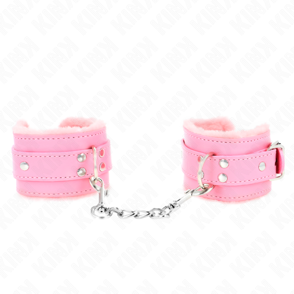 KINK - APPUI-POIGNETS DOUBLÉS DE FOURRURE ROSE AVEC CEINTURE ROSE RÉGLABLE 17-29 CM X 6 CM – Image 2