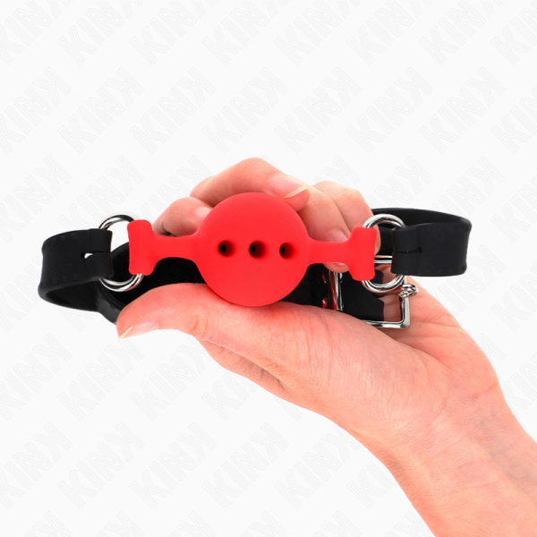 KINK - BÂILLON ENTIÈREMENT SILICONE 55 x 2 CM AVEC BOULE DE 4 CM TAILLE S ROUGE AJUSTABLE 35-51 CM – Image 2