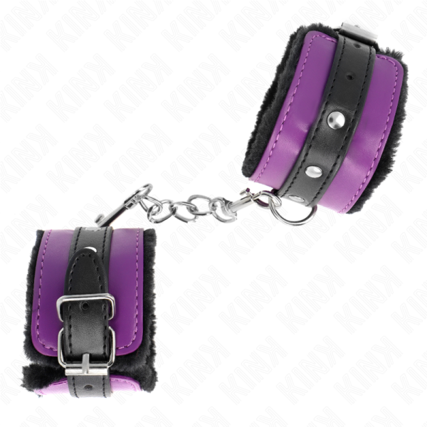 KINK - APPUI-POIGNETS DOUBLÉS DE FOURRURE PREMIUM NOIR AVEC CEINTURE VIOLET / NOIRE RÉGLABLE 17-29 CM X 6 CM – Image 2