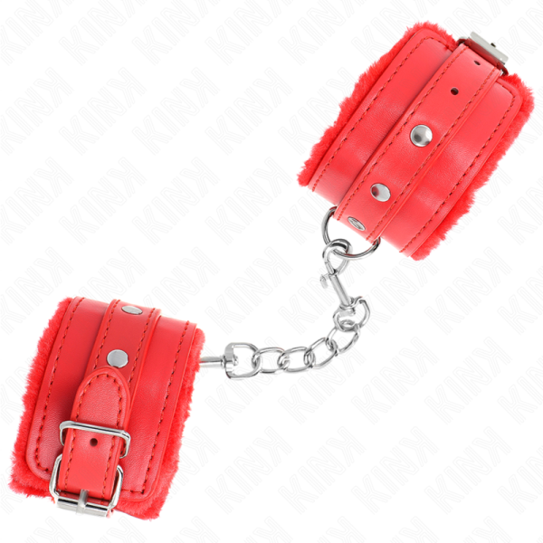 KINK - APPUI-POIGNETS DOUBLÉS DE FOURRURE PREMIUM ROUGE AVEC CEINTURE ROUGE RÉGLABLE 17-29 CM X 6 CM – Image 2