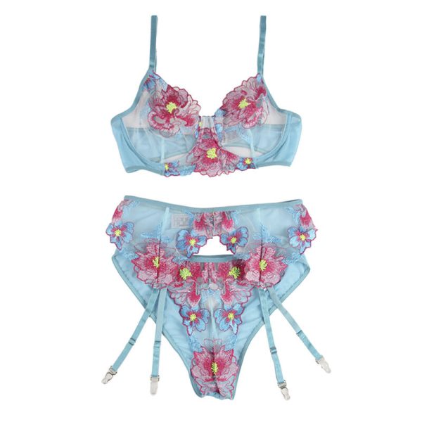 SUBBLIME - 954109 SOUTIEN-GORGE + CULOTTE AVEC PORTE-JARRETELLES MOTIF FLORAL BLEU S/M – Image 5